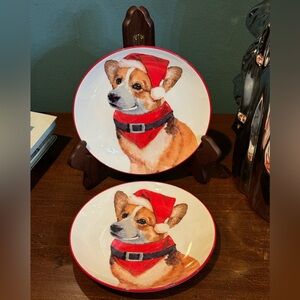 Pair of Sleigh Bell Santa Corgi Christmas Plates, 6.75”